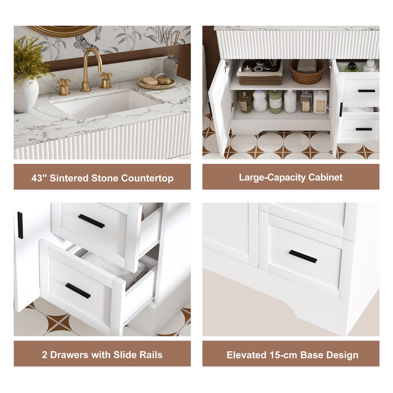 Bathroom Vanity Set, Fluted Cabinet, Soft Close Doors & Drawers, 3 Faucet Holes, Sink Included - White