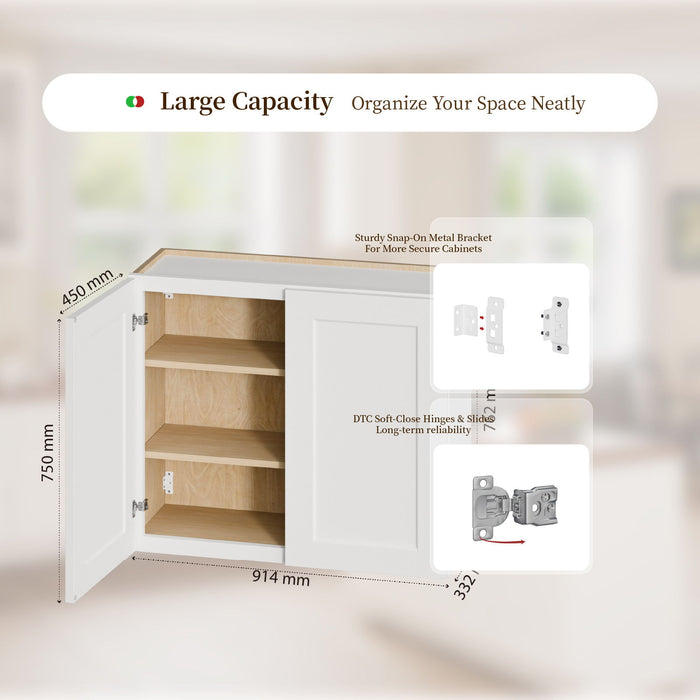 Shaker Wall Cabinet With Soft Close Hinges, Adjustable Shelves, Double Door