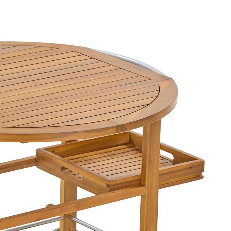 Outdoor Bar Cart With Foldable Tabletop & Removable Trays - Teak