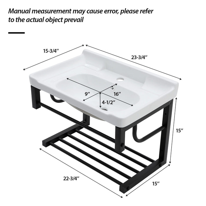 Wall Mounted Rectangular Bathroom Sink With Towel Bar & Overflow - White