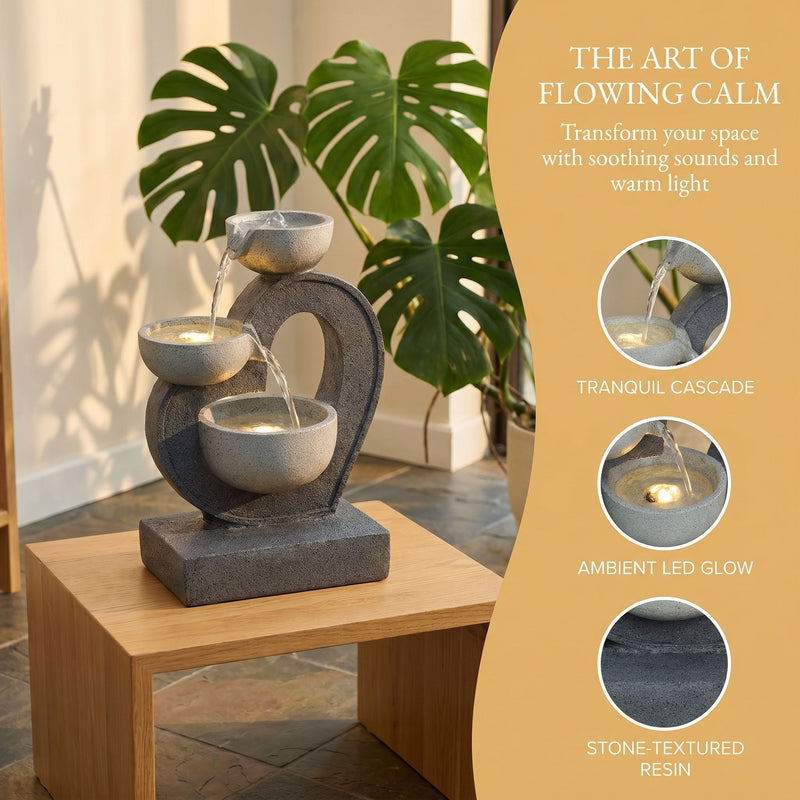 3 Tier Outdoor Water Fountain With Warm LED Lights, Stone Textured Cascading Design For Patio - Gray