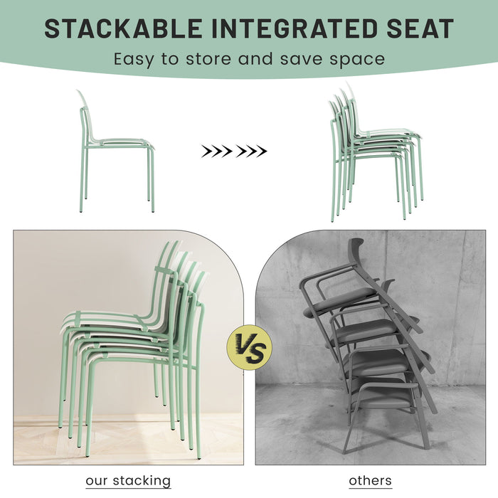 4 Piece Set Of Striped Color Blocking Single Chairs With Long Table - Cream White / Haze Green / White