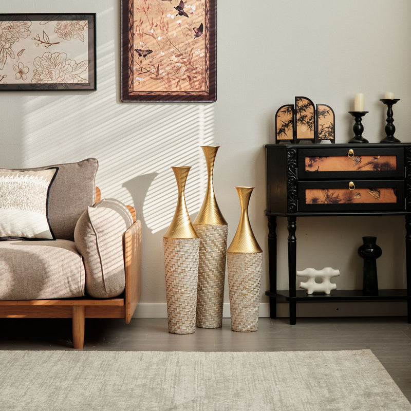 Floor Metal Vase Modern Style Decoration Home Woven Pattern Metal Vase 3 Piece Set Gorgeous Home Decoration Large Glazed Metal Vase - Champagne
