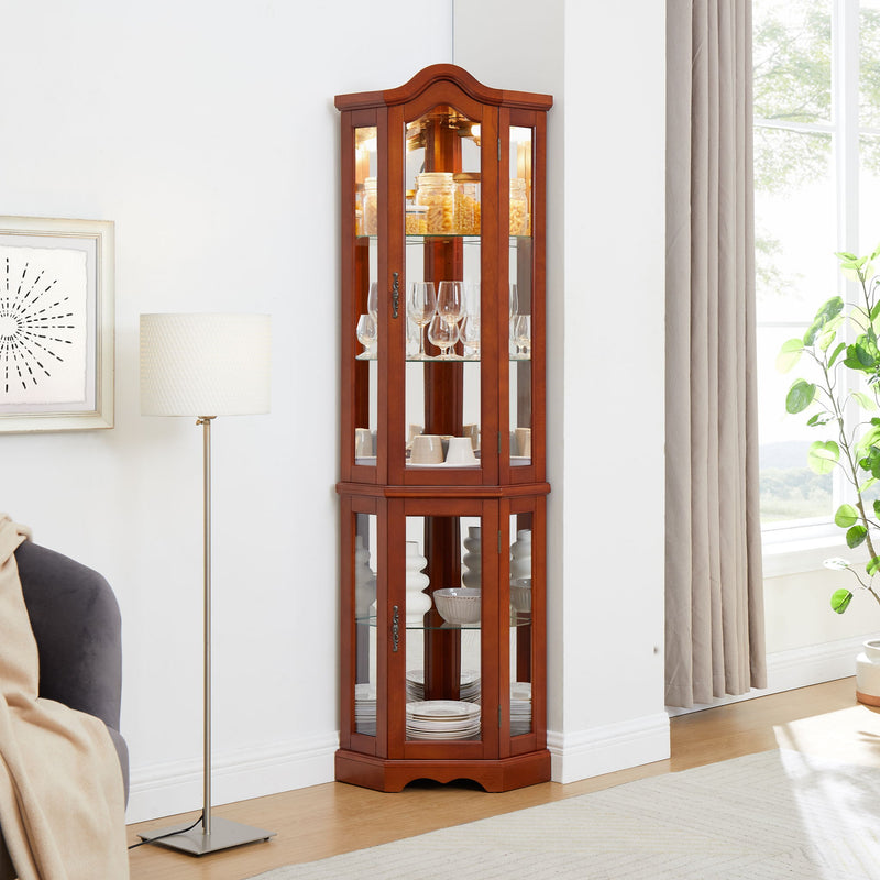 Corner Curio Cabinet With Lights, Adjustable Tempered Glass Shelves, Mirrored Back, Display Cabinet (E26 Light Bulb Not Included) - Walnut