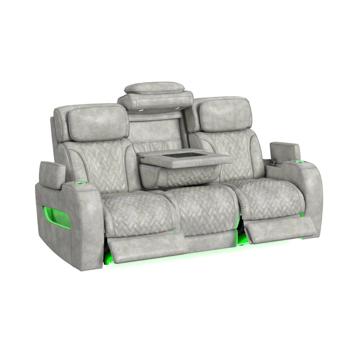 Prime Time P3 Sofa with DDT, 3.0 Table, 7 Colors (LED and Cup Holders), Reading Light, Vibration, speaker, and Heat Massage in Leather Gel Light Grey
