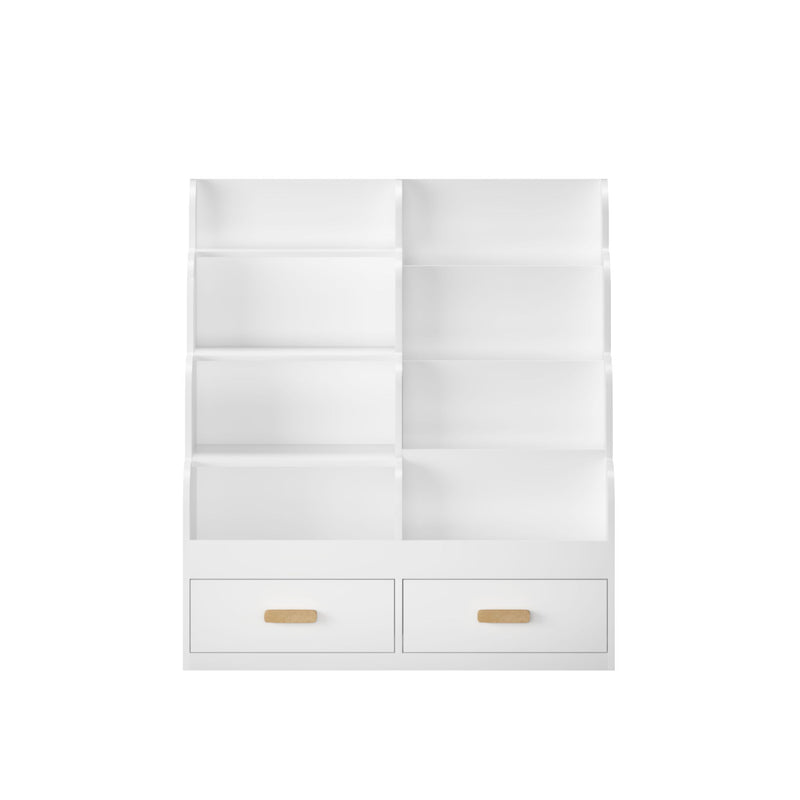 Bookshelf With 2 Storage Drawers, Front Facing Bookcase And Toy Organizer, Multi Tier Reading Shelf - White