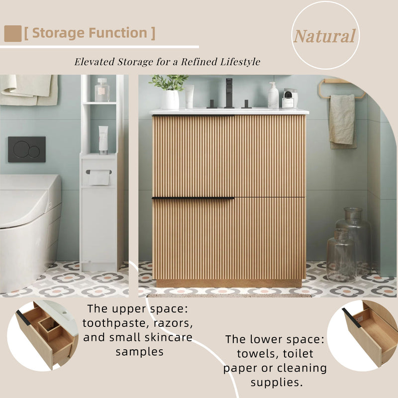 Fluted Bathroom Vanity With Ceramic Sink, Soft Close Slides