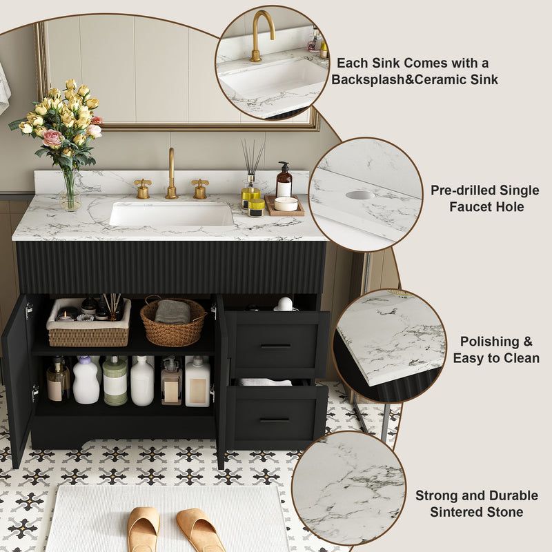 Bathroom Vanity Set, Fluted Cabinet, Soft Close Doors With Drawers, Single Faucet Hole, Sink Included - Black
