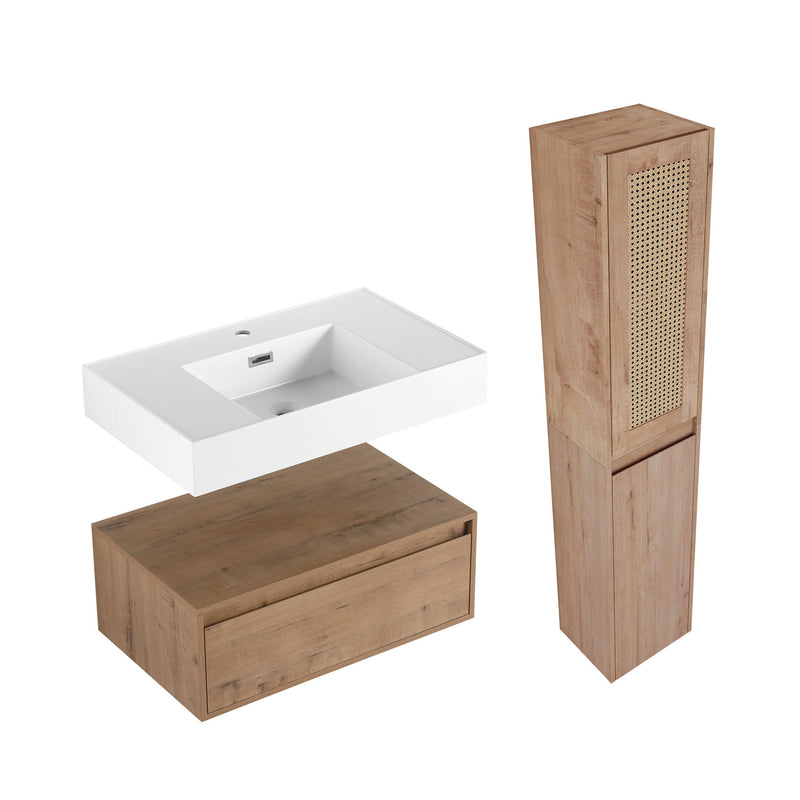Contemporary Wall Mounted Bathroom Vanity With Resin Sink And 2 Side Cabinet - Imitative Oak