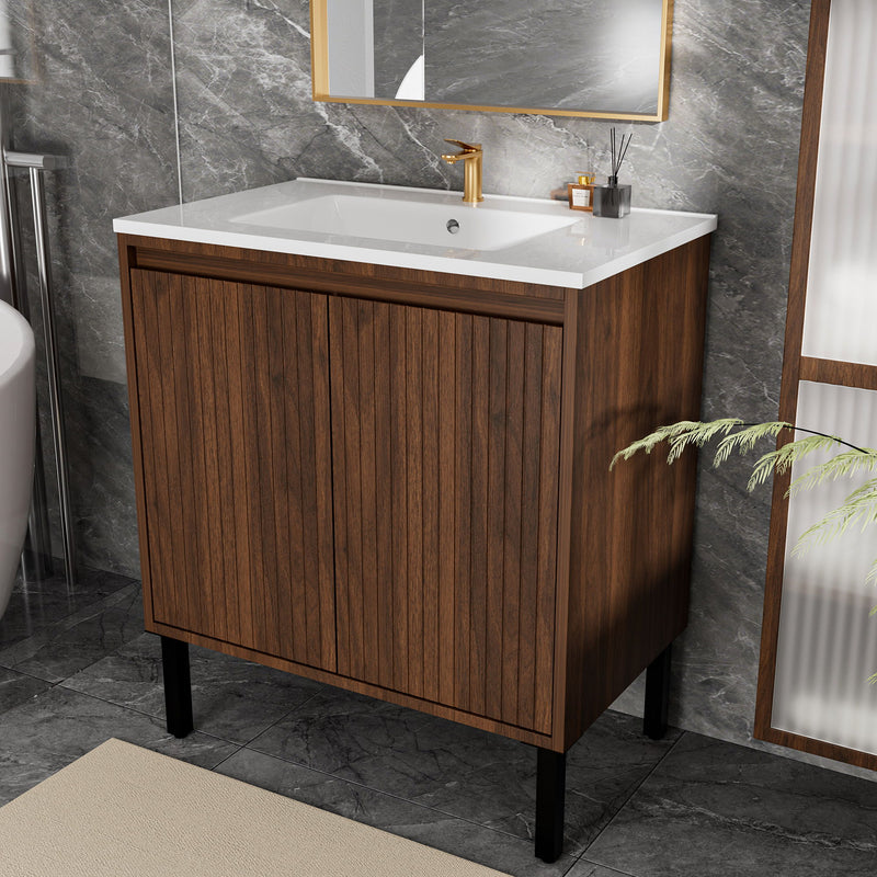 Bathroom Vanity With Ceramic Sink, Floor-Standing Design, Soft-Closing Drawers