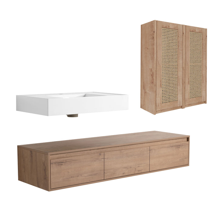 Modern Wall Mounted Bathroom Vanity With Resin Sink And 2 Side Cabinet, Construction - Imitative Oak