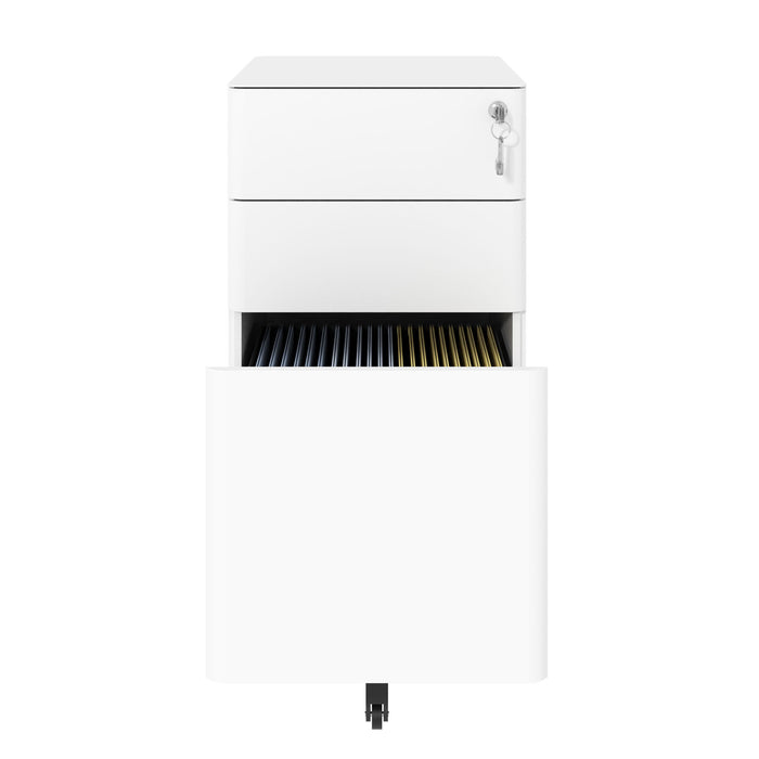 3-Drawer Mobile File Cabinet With Lock, On Wheels, Two Shallow & One Deep Drawer For Office/Home, Fully Assembled - White