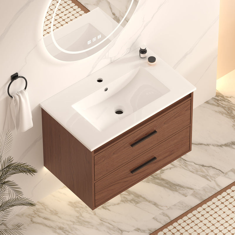 Wall Mounting Bathroom Vanity With Soft Close 2 Drawer, Sink - Reddish Brown