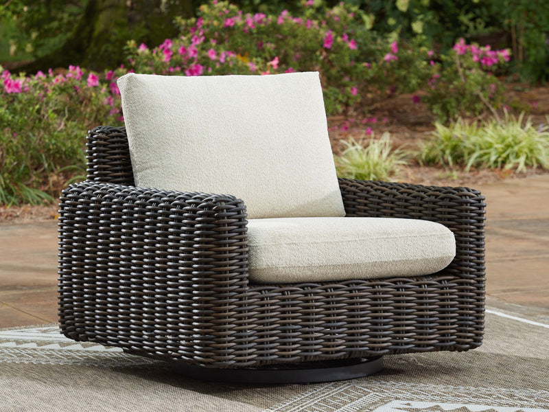 Kimora - 4 Pc. - 4-Piece Outdoor Sectional, Swivel Glider Lounge, Cocktail Table, End Table - Beige / Dark Brown