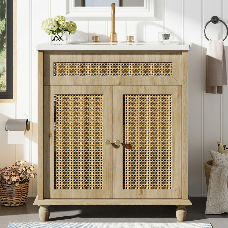 Bathroom Vanity With Handwoven Rattan Doors, Resin Basin - Natural Wood
