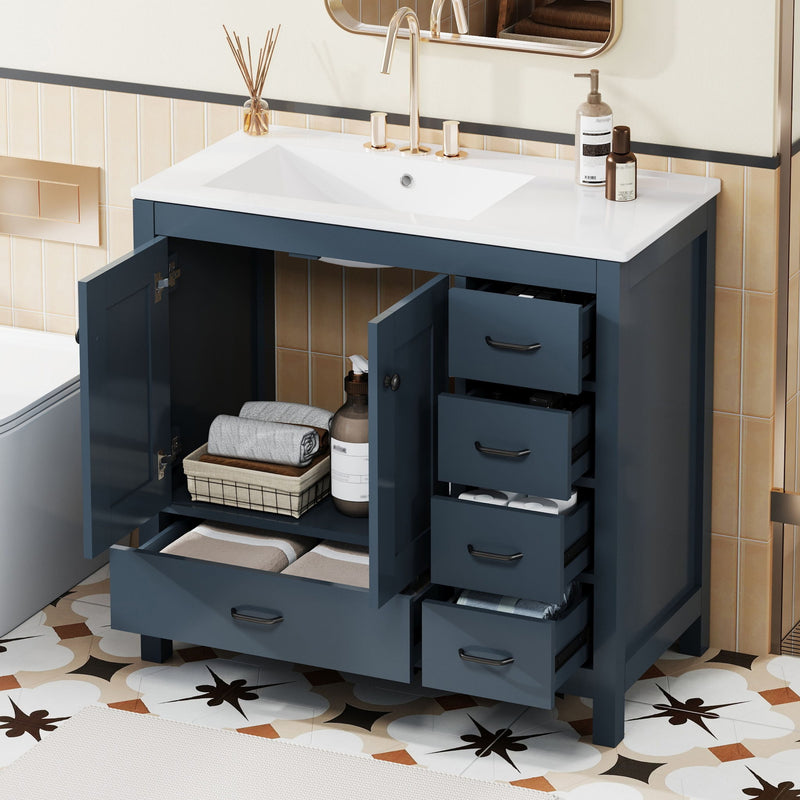 Bathroom Vanity With Ceramic Sink Combo, Abundant Storage Cabinet 2 Soft Close Doors And 5 Drawers
