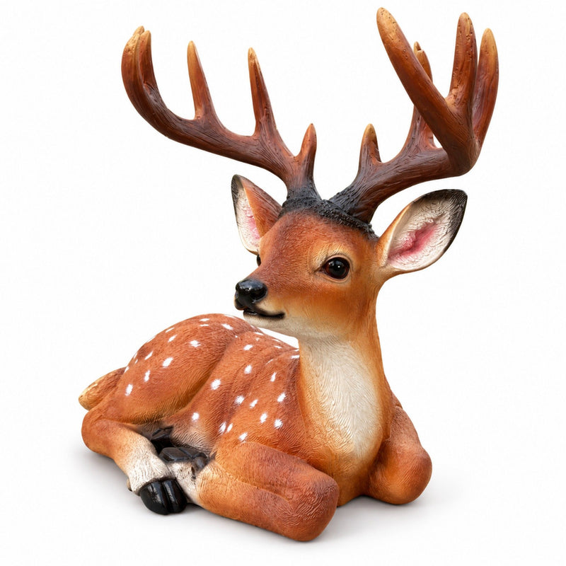Lying Deer Garden Statue, Buck Sculpture With Detachable Antlers For Outdoor Decor - Brown