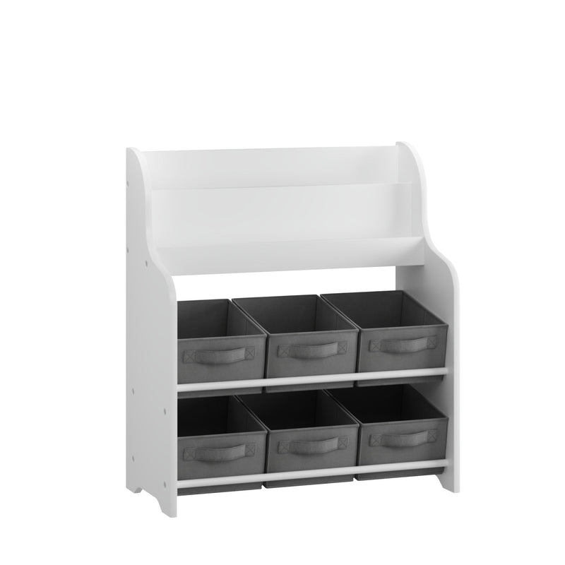 Bookshelf With 6 Storage Bins, Multi Functional Children's Bookcase And Toy Organizer - White
