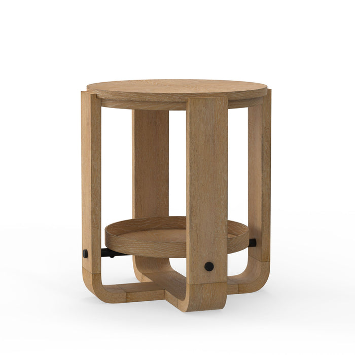 Escape - Round End Table With Shelf - Glazed Natural Oak / Black Metal Trim