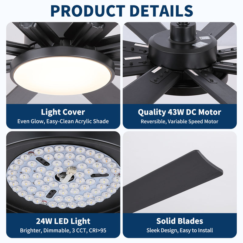Large Ceiling Fan With Dimmable LED Light 8 Blades Remote Control, Reversible DC Motor