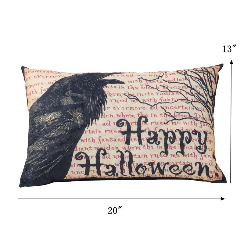 Crow Happy Halloween Pillow - Beige / Black