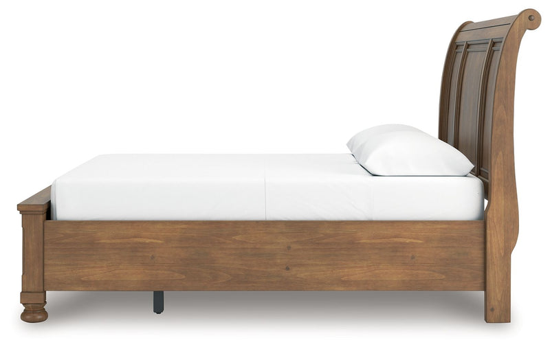 Feddinger - 3 Pc. - Queen Sleigh Storage Bed, Dresser And Mirror - Medium Brown