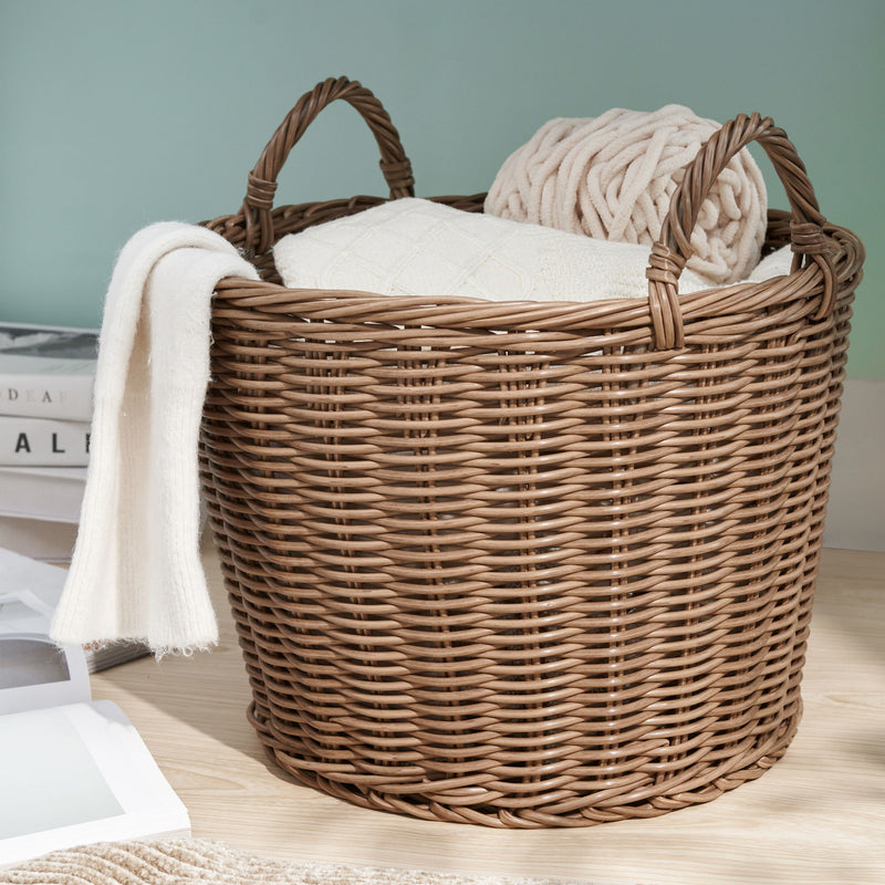 Round Cone Woven Resin Wicker Basket With Handles For Versatile Storage - Walnut Brown