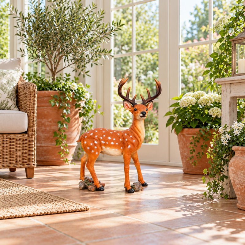 Lifelike Deer Statue With Detachable Antlers, Outdoor Garden Decor - Brown / Yellow