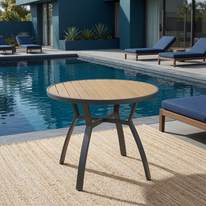 Outdoor Round Patio Table With Slatted Top - Gray