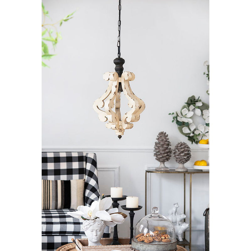 Farmhouse Chandeliar Distressed Pendant French Country Wood Chandelier For Living Room Foyer, Bulb Not Included - Antique Cream