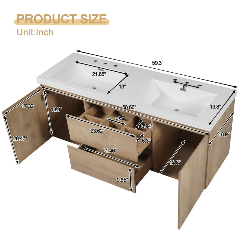 Double Sink Bathroom Vanity, Cabinet & Soft Close Doors, Divided Drawers, Wall Mounted Storage - Wood