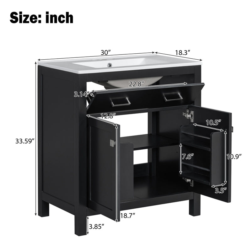 Bathroom Vanity With Ceramic Sink, Modern Single Bathroom Cabinet With 2 Doors And A Shelf, Soft Close Doors