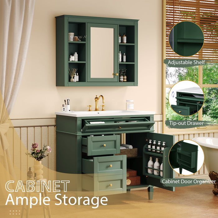 Bathroom Vanity With Mirror Cabinet, Single Sink With 2 Soft Closing Doors And 4 Drawers