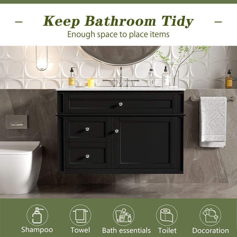 Wall Mounted Bathroom Vanity With 2 Drawers, 1 Tip Out Drawer, 3 Holes Sink