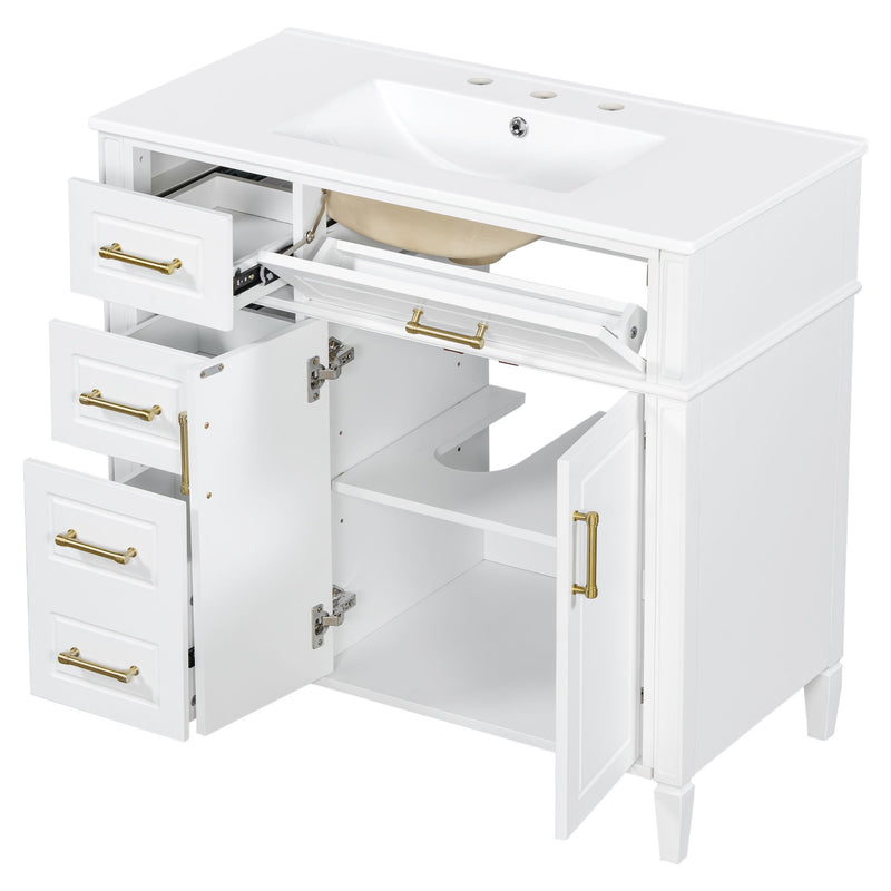 Bathroom Vanity With Sink, 4 Drawers (1 Flip Drawer), 2 Doors & Adjustable Shelf - White