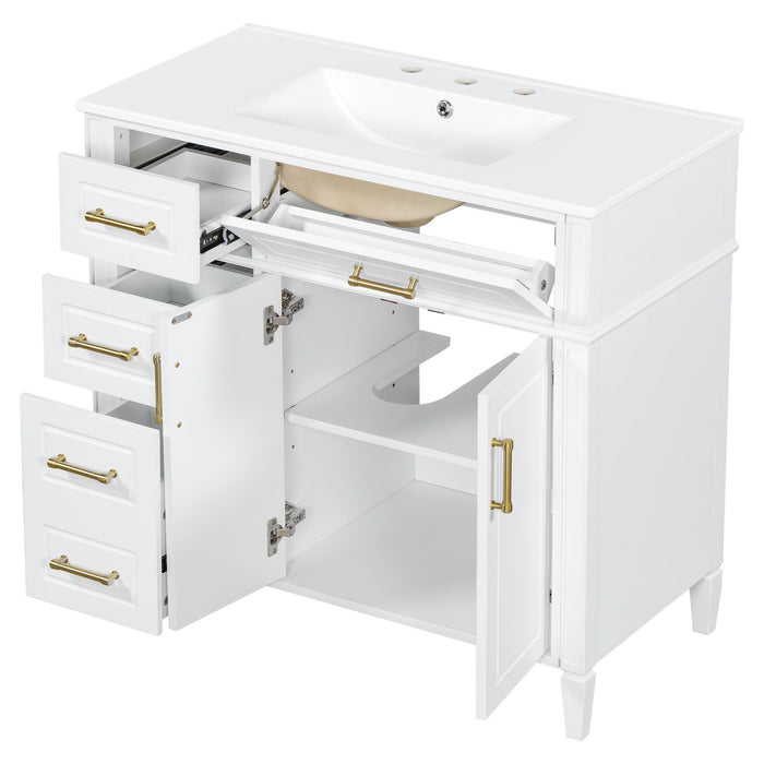 Bathroom Vanity With Sink, 4 Drawers (1 Flip Drawer), 2 Doors & Adjustable Shelf - White