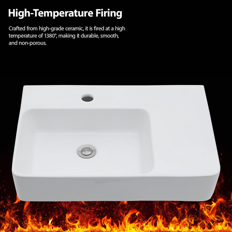 Wall Mounted Rectangular Bathroom Sink With Towel Bar And Faucet Hole - White