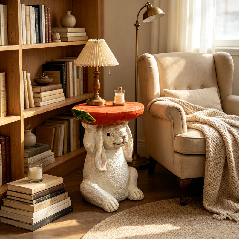 13.39" H X 11.61" W Bunny Side Table With Carrot Top, Cute Rabbit Plant Stand For Indoor & Outdoor Garden Decor