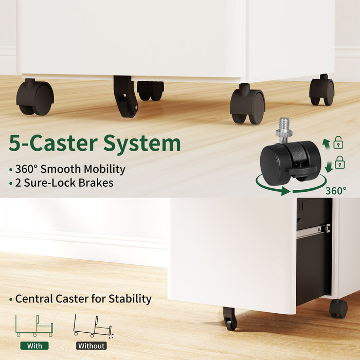 3-Drawer Mobile File Cabinet With Lock, On Wheels, Two Shallow & One Deep Drawer For Office/Home, Fully Assembled - White