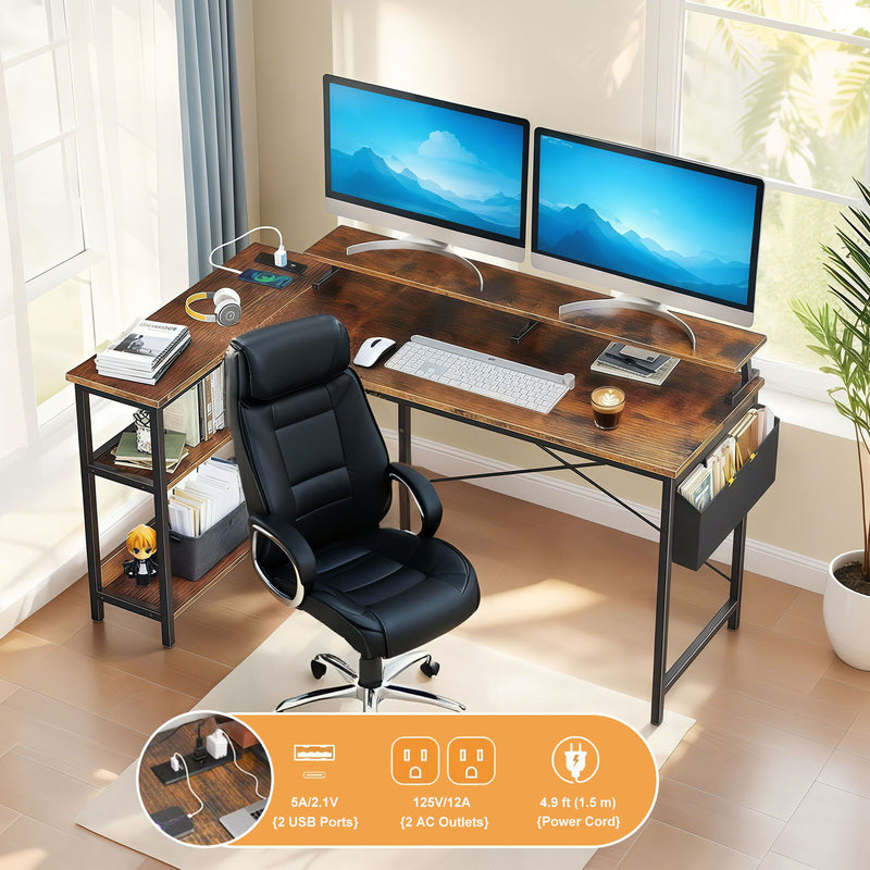 L-Shaped Gaming Desk With Power Outlets, Monitor Stand & Storage Shelves, Reversible Corner Workstation - Black / Brown