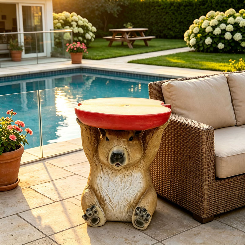 14'' Capybara Holding Apple Slice Stool, Cute Animal Side Table Decor, Indoor Outdoor Creative Figurine Seat For Patio, Garden, Porch, Living Room Home Decor