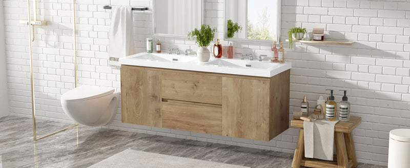 Double Sink Bathroom Vanity, Cabinet & Soft Close Doors, Divided Drawers, Wall Mounted Storage - Wood
