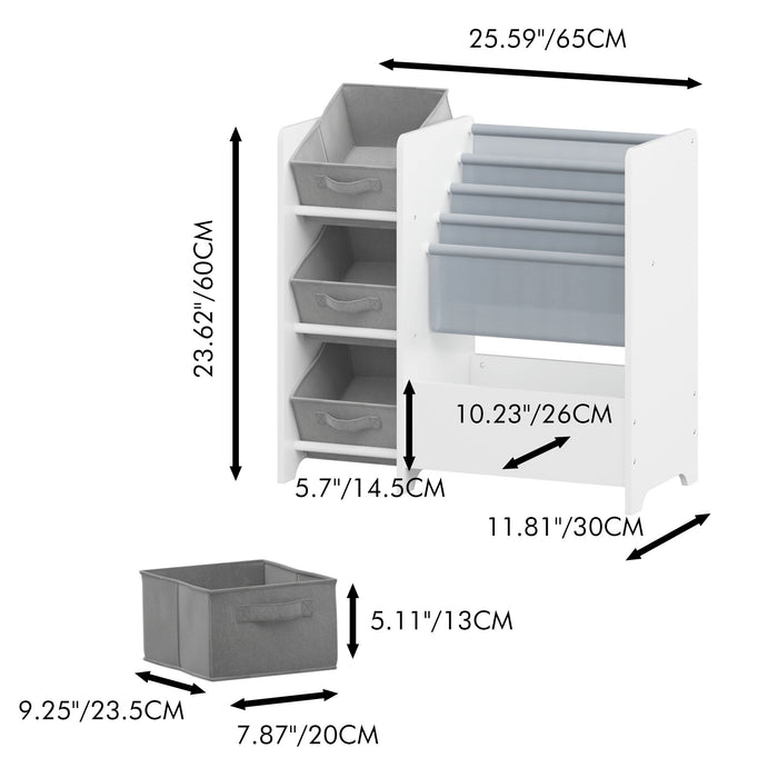 Bookshelf And Toy Storage Organizer, Multifunctional 4 Tier With 3 Collapsible Drawers - White