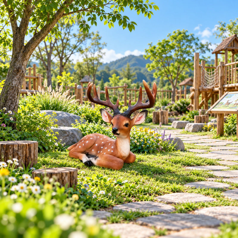 Lying Deer Garden Statue, Buck Sculpture With Detachable Antlers For Outdoor Decor - Brown