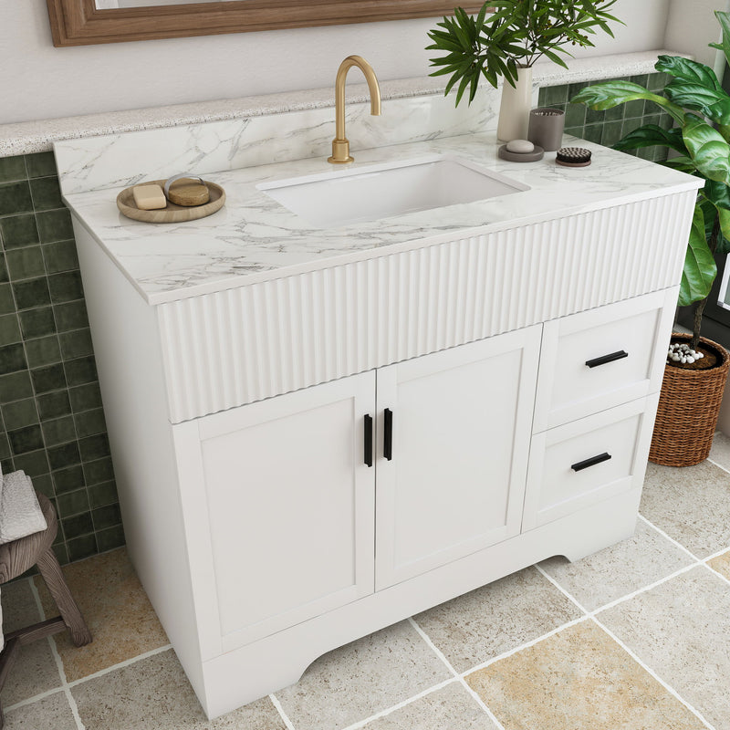 Bathroom Vanity Set, Fluted Cabinet, Soft Close Doors & Drawers, Single Faucet Hole, Sink Included - White