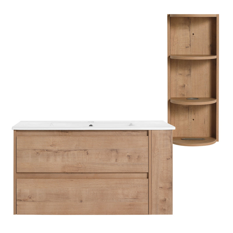 Modern Wall Mounted Bathroom Vanity With Ceramic Sink And Storage Rack, 2 Soft Close Drawers