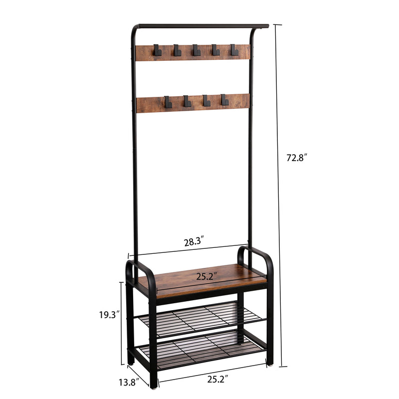 Hall Tree With Shoe Bench For Entryway With 9 Removable Hooks