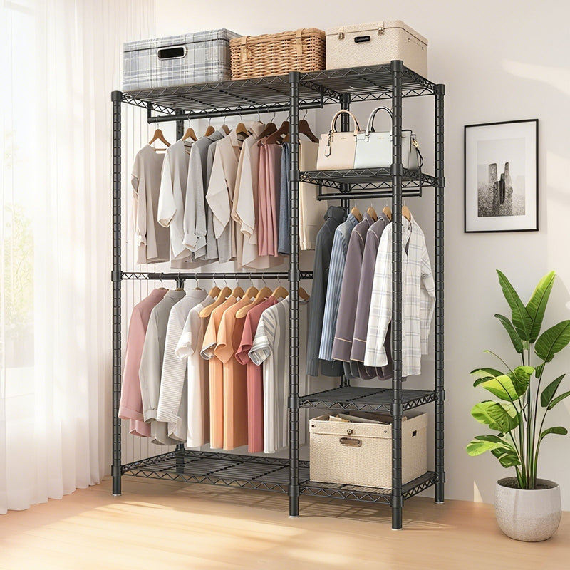 Freestanding Clothes Rack, With 6 Adjustable Wire Shelves And 3 Garment Rails - Black