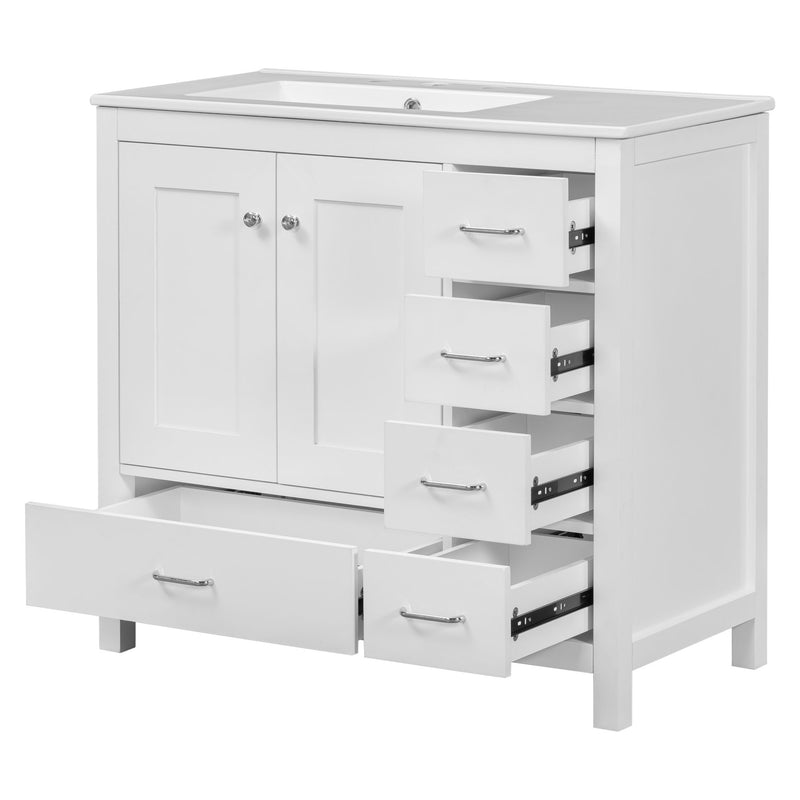 Bathroom Vanity With Ceramic Sink Combo, Abundant Storage Cabinet 2 Soft Close Doors And 5 Drawers