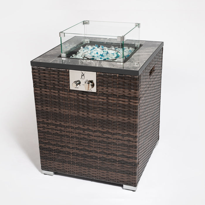 Propane Gas Square Fire Pit, Tile Tabletop With Beautiful Wicker Base For Outside